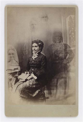 (SPIRIT PHOTOGRAPHS) A collection with 7 spookily rendered spirit photographs depicting sitters among shrouds of floating photographic
